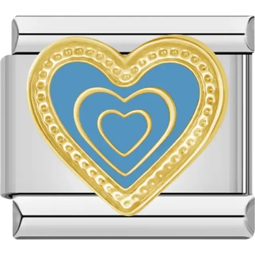 Layered heart charm with a blue center and gold beaded border Italian charm bracelet link