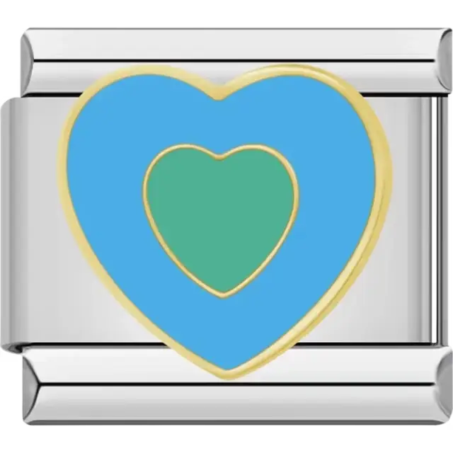 Green heart inside a blue heart with gold outline Italian charm bracelet link