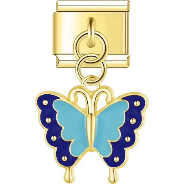 Butterfly pendant featuring light blue and navy wings with dotted details Italian charm bracelet link