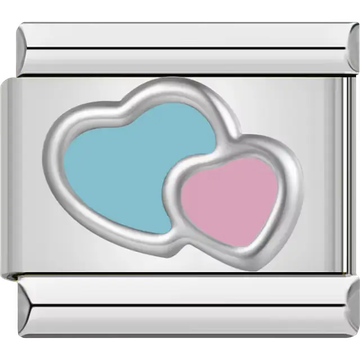 Double hearts design with blue and pink Italian charm bracelet link
