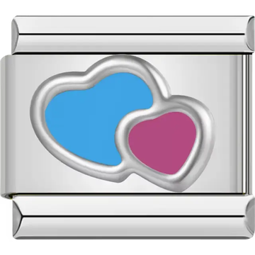 Double hearts design with blue and pink Italian charm bracelet link