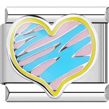 Blue and pink heart with yellow border Italian charm bracelet link