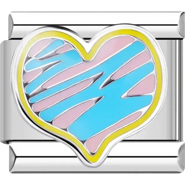 Blue and pink heart with yellow border Italian charm bracelet link