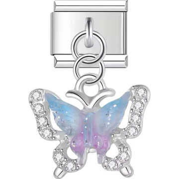 Butterfly with blue and purple gradient wings accented by clear sparkling crystals Italian charm bracelet link