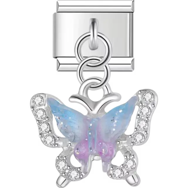 Butterfly with blue and purple gradient wings accented by clear sparkling crystals Italian charm bracelet link