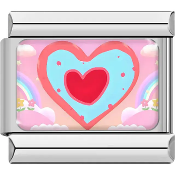 Blue heart red border red inner heart pink rainbow background Italian charm bracelet link