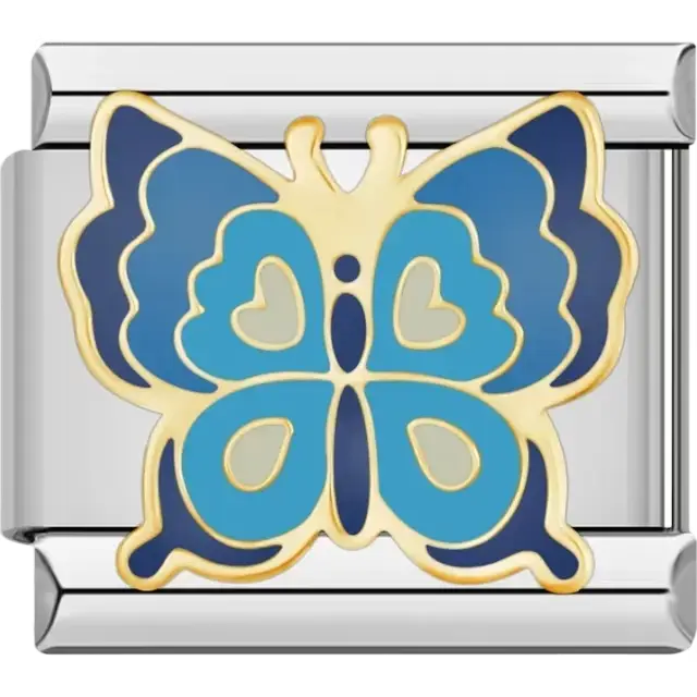 Gold-trimmed butterfly with blue and teal wings Italian charm bracelet link