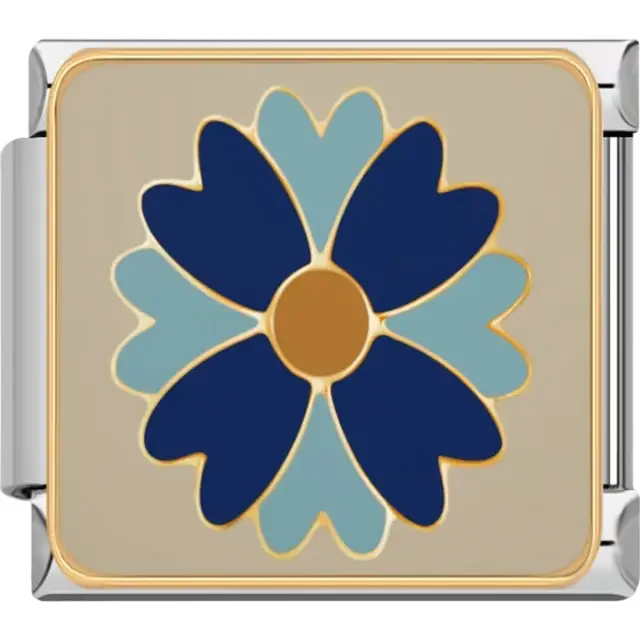 Blue and teal petal flower pattern with gold outlines on a beige background Italian charm bracelet link