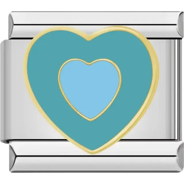 Light blue heart inside a teal heart with gold outline Italian charm bracelet link