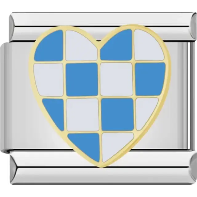 Gold-outlined heart divided into alternating blue and white checkered squares Italian charm bracelet link