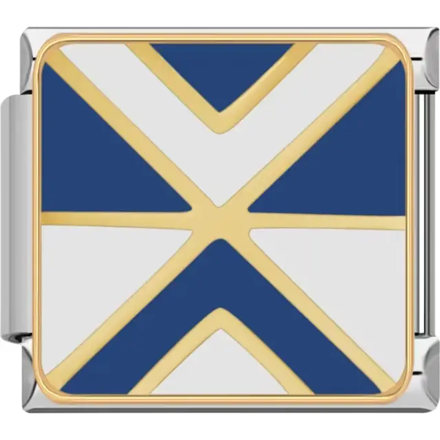 Blue and white geometric pattern with gold outlines Italian charm bracelet link