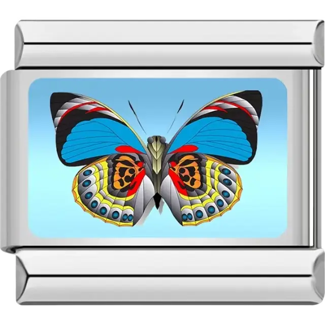 Butterfly with blue upper wings black tips yellow patterned lower wings and orange accents Italian charm bracelet link