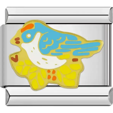 Blue yellow bird on sunflower perch gold outline Italian charm bracelet link