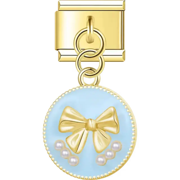 Round gold trim charm with raised bow textured blue enamel and pearl accents Italian charm bracelet link