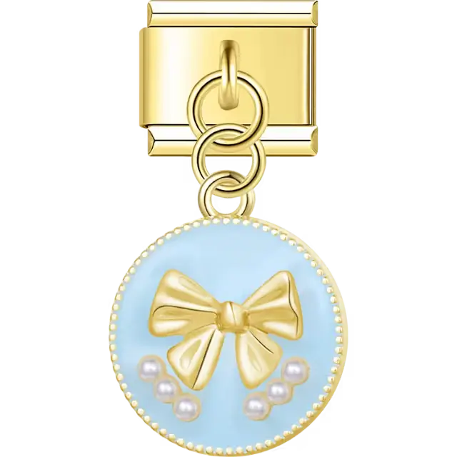 Round gold trim charm with raised bow textured blue enamel and pearl accents Italian charm bracelet link