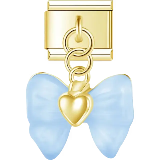 Light blue bow dangle with silver heart Italian charm bracelet link