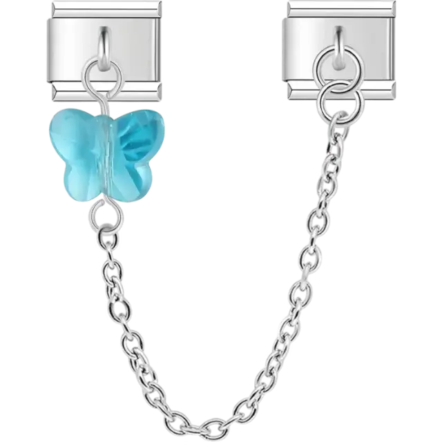 Blue butterfly with safety chain Italian charm bracelet link