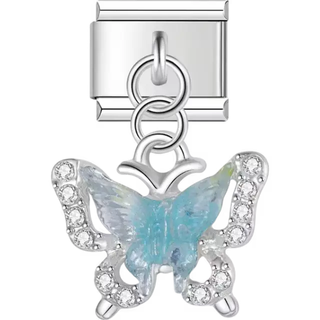 Butterfly dangle with blue-toned wings and sparkling crystal accents Italian charm bracelet link