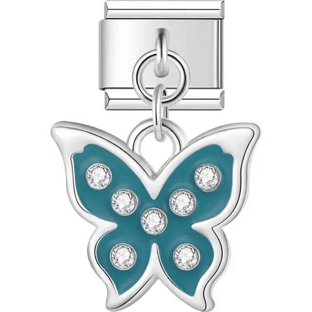 Blue butterfly with crystals dangle Italian charm bracelet link