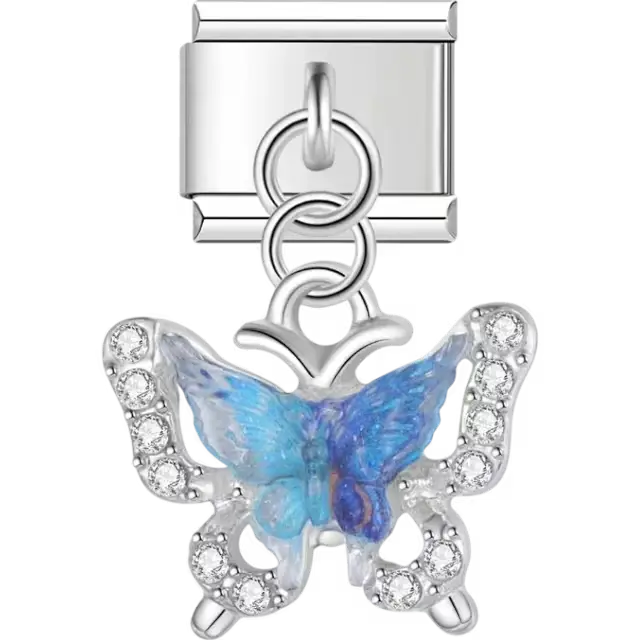 Butterfly pendant with blue wings and clear gemstone accents Italian charm bracelet link