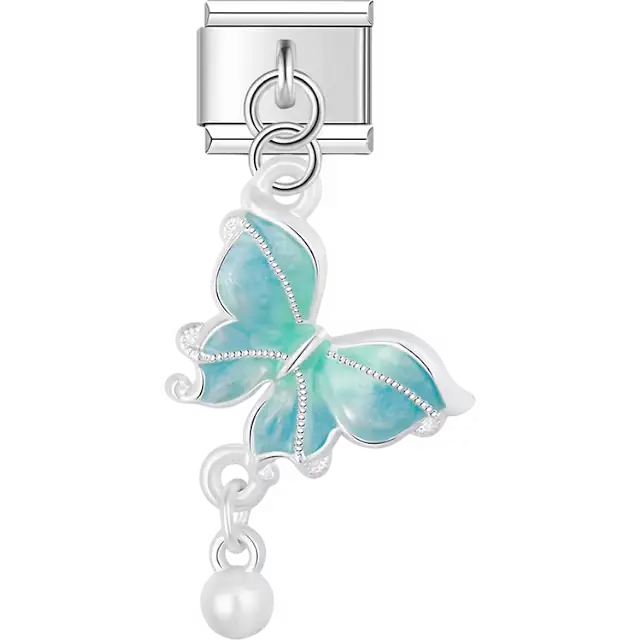 White butterfly with blue center accents and pearl drop dangle Italian charm bracelet link