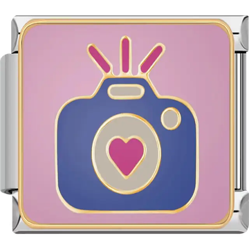 Blue camera with pink heart on pink background Italian charm bracelet link