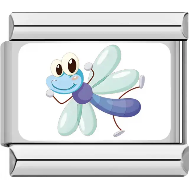 Cartoon blue dragonfly with mint green wings Italian charm bracelet link