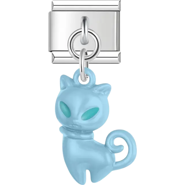 Blue cat with teal eyes dangle pendant Italian charm bracelet link