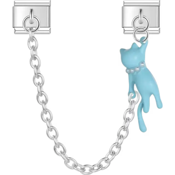Blue cat dangle design with silver safety chain and pearl collar accent Italian charm bracelet link