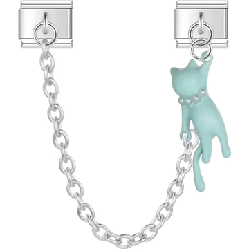 Blue cat dangle design with silver safety chain and pearl collar accent Italian charm bracelet link