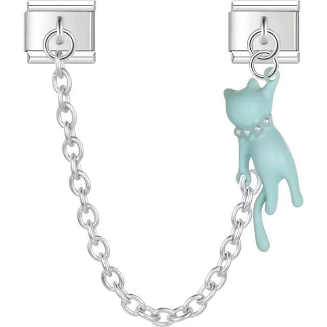 Blue cat dangle design with silver safety chain and pearl collar accent Italian charm bracelet link