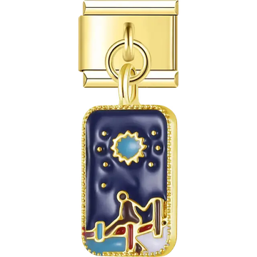 Navy blue enamel rectangle with turquoise sun gold stylized figure silhouette Italian charm bracelet link