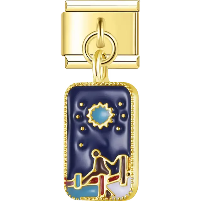 Navy blue enamel rectangle with turquoise sun gold stylized figure silhouette Italian charm bracelet link