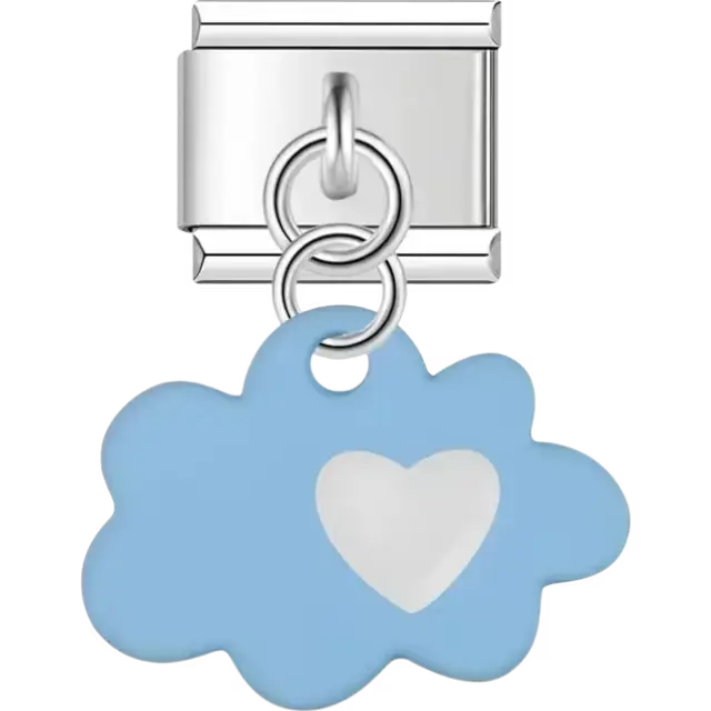 Blue cloud dangle charm with a white heart design Italian charm bracelet link