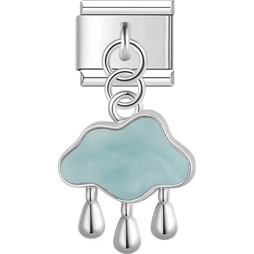 Silver cloud-shaped charm with light blue enamel center and three teardrop dangles Italian charm bracelet link