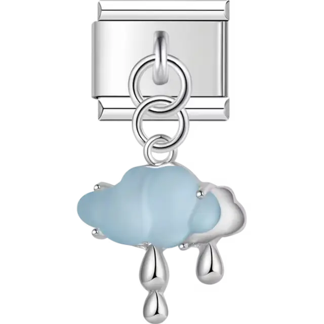 Blue and silver cloud with silver raindrop dangles Italian charm bracelet link