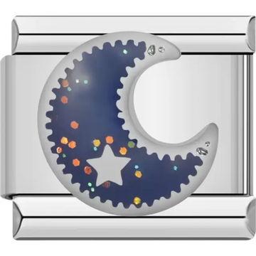 Blue crescent moon with small star cutout and shimmering accents Italian charm bracelet link