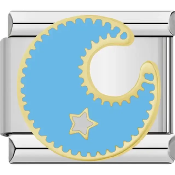 Crescent moon design in soft blue with a gold outline and a silver star accent Italian charm bracelet link