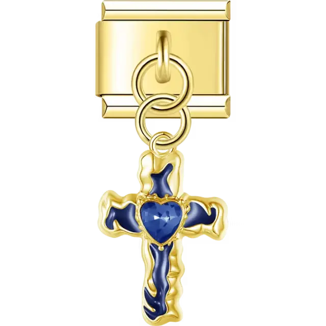 Cross with blue detailing and a blue heart-shaped crystal at the center in a dangle design Italian charm bracelet link