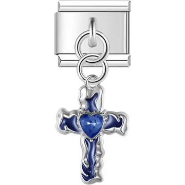 Cross with blue detailing and a blue heart-shaped crystal at the center in a dangle design Italian charm bracelet link