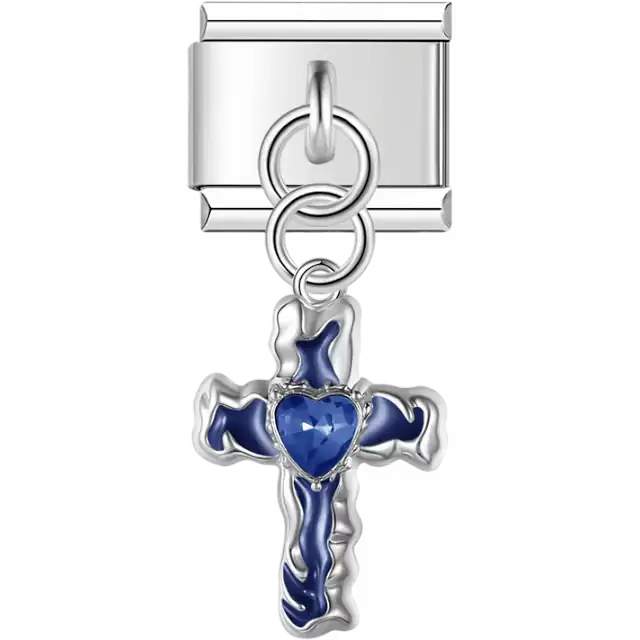 Cross with blue detailing and a blue heart-shaped crystal at the center in a dangle design Italian charm bracelet link