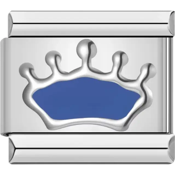 Silver crown with a deep blue base Italian charm bracelet link