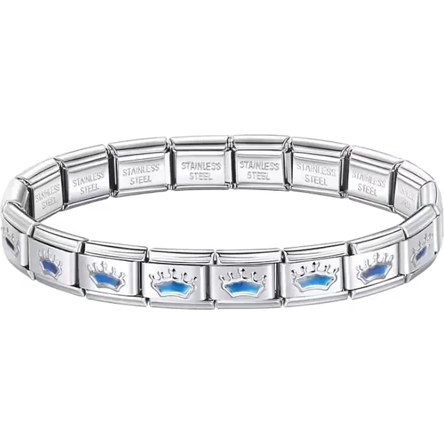 Blue crowns charms composing stainless steel Italian bracelet