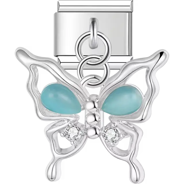 Butterfly with light blue crystal wings and clear crystals dangle Italian charm bracelet link