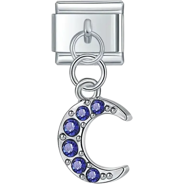 Blue crystal crescent moon dangle Italian charm bracelet link