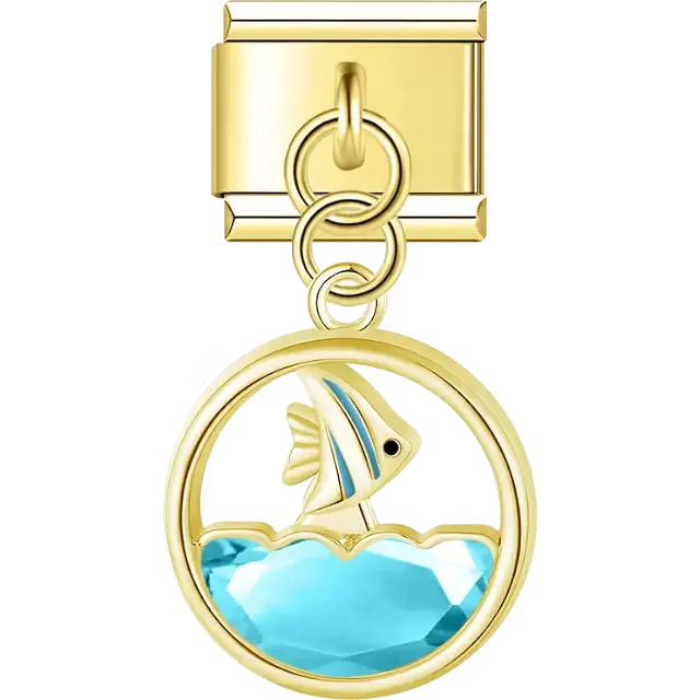 Fish swimming above blue crystal water dangle Italian charm bracelet link