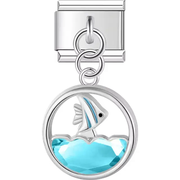 Fish swimming above blue crystal water dangle Italian charm bracelet link