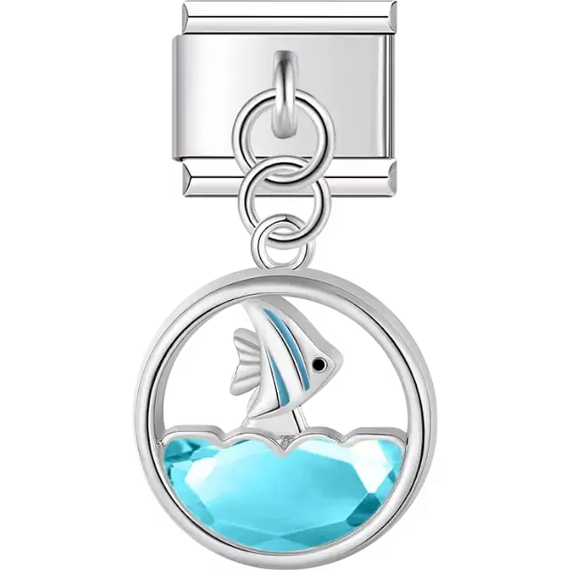 Fish swimming above blue crystal water dangle Italian charm bracelet link