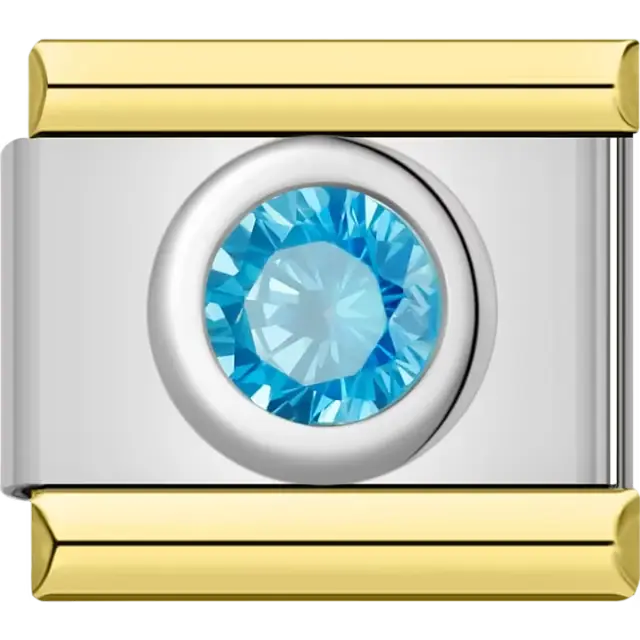 Round blue crystal gemstone with gold and silver details Italian charm bracelet link