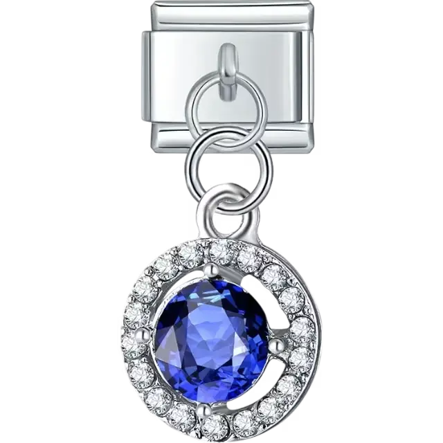 Dangle featuring a blue central crystal surrounded by a ring of clear crystals Italian charm bracelet link